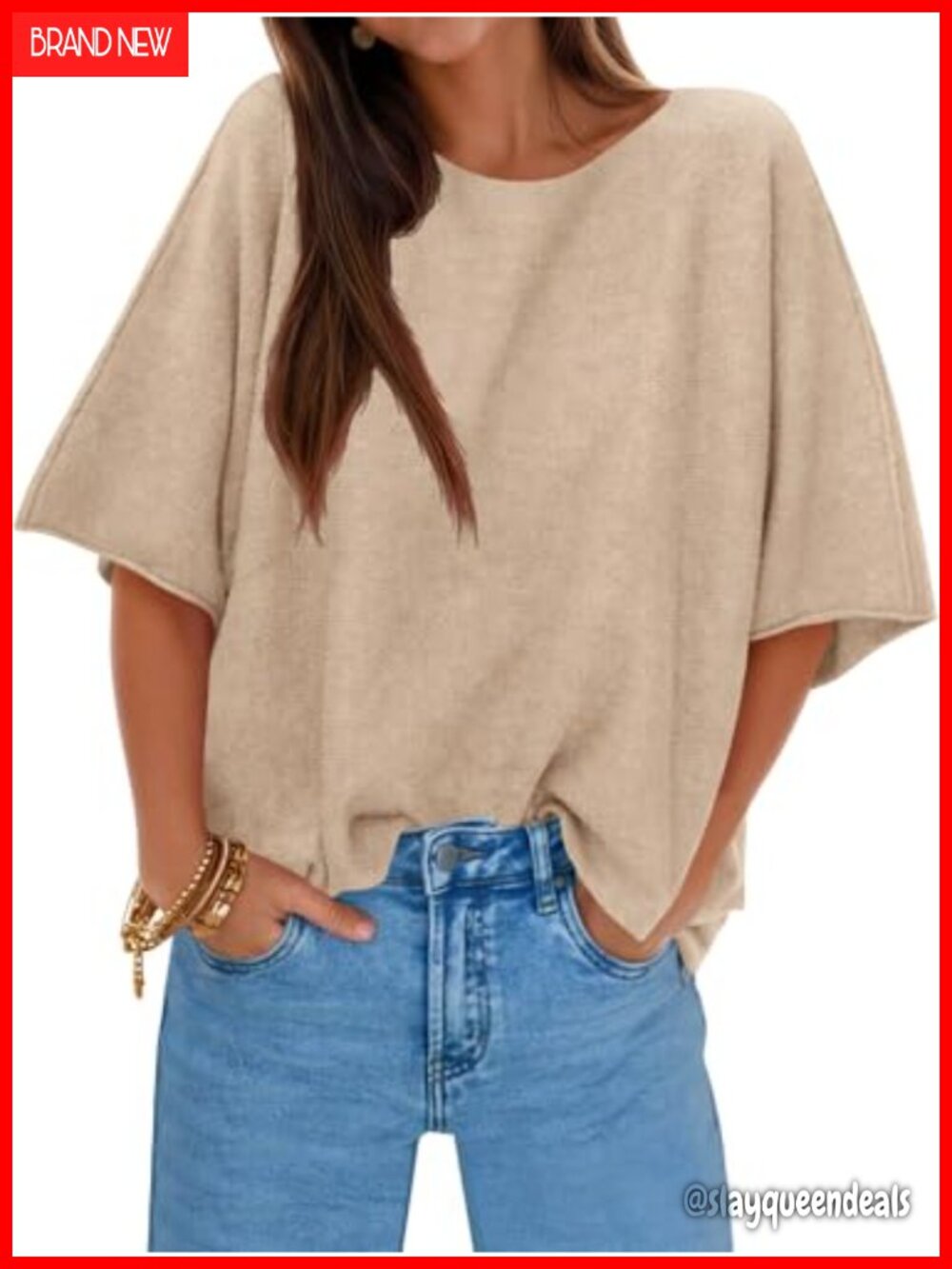 Womens Oversized Knit Pullover Sweater Half Sleeve Boat Neck Casual Fall Top